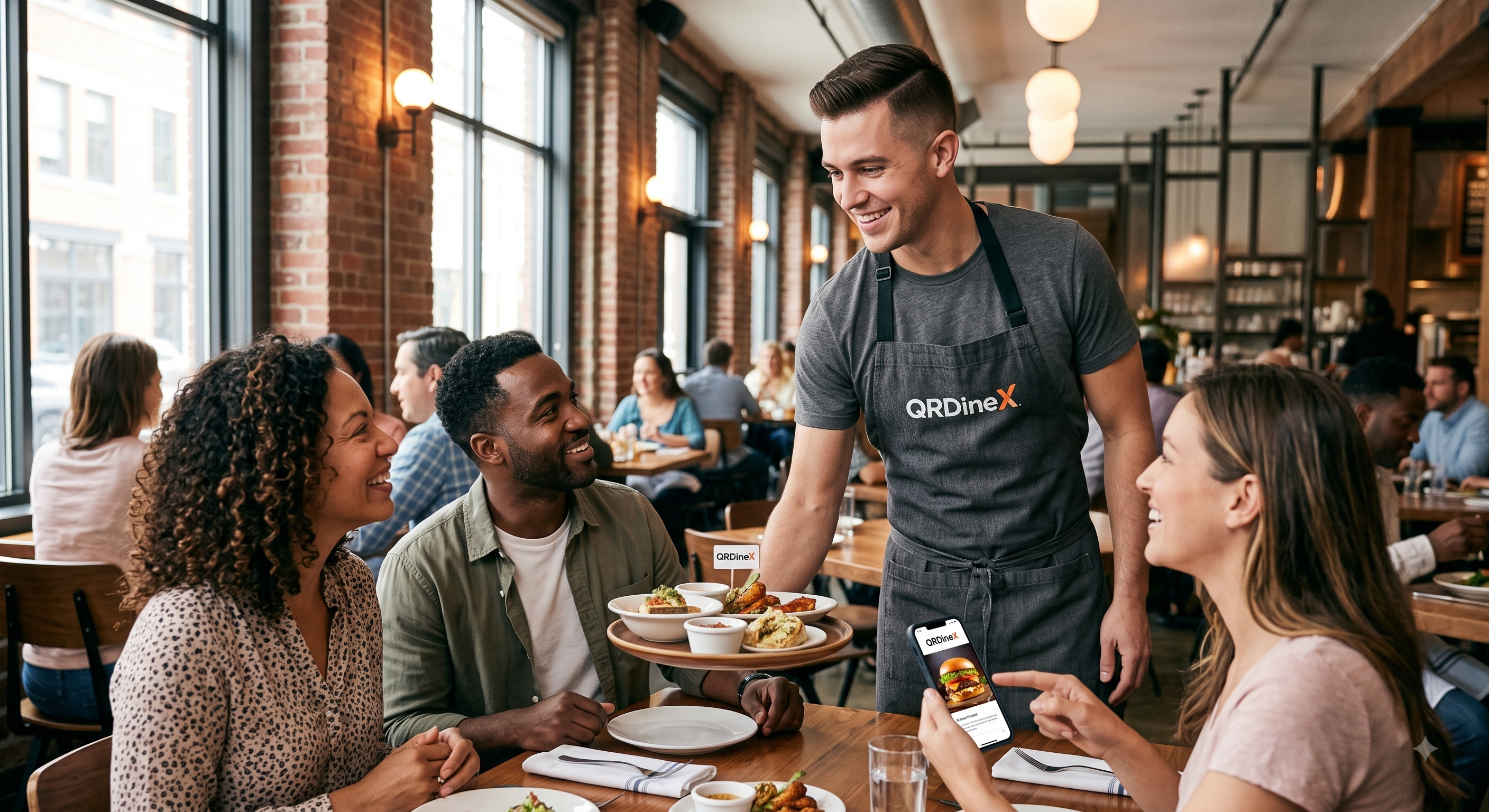 Staff assisting guests at restaurant table